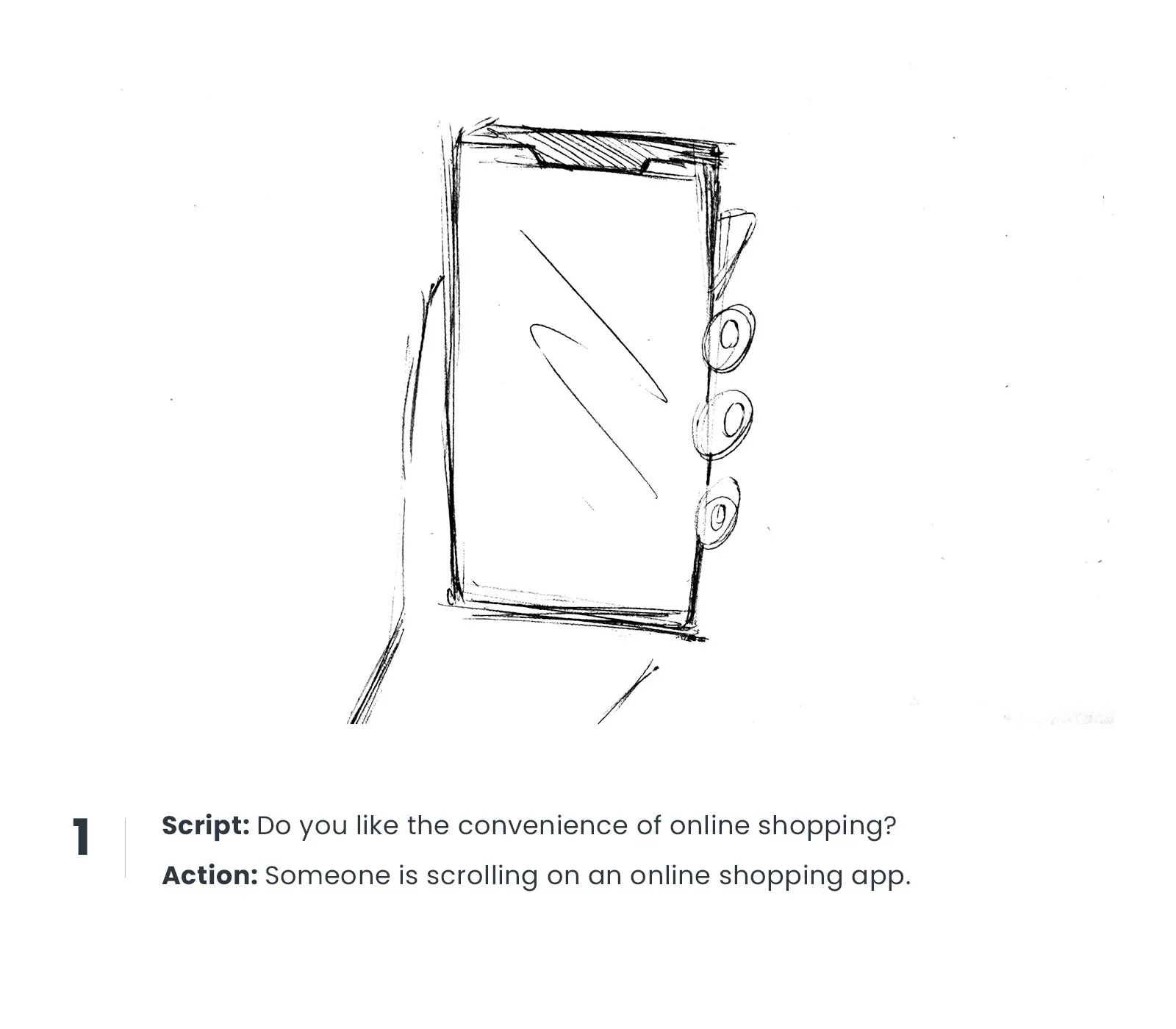 Hand-drawn storyboard of a person scrolling through an online shopping app